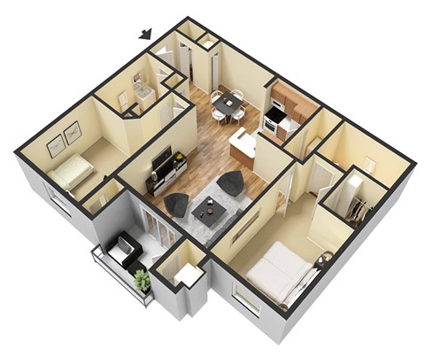 A 3D floor plan of a small apartment with a kitchen, living room, and bathroom.